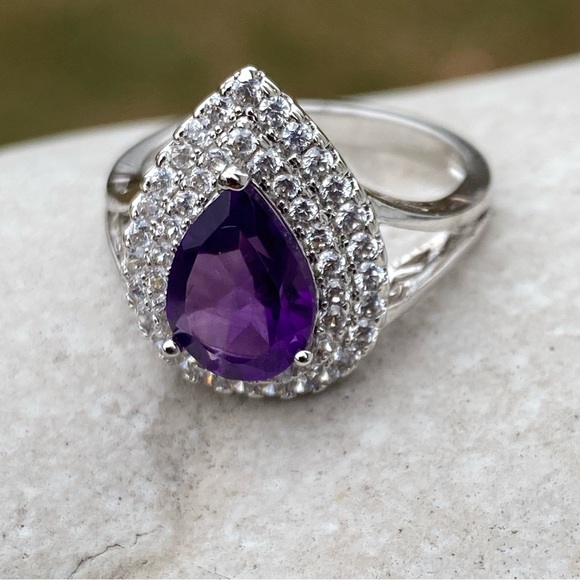 Amethyst teardrop halo ring platinum plated sz 7 brand new in box - Picture 2 of 16